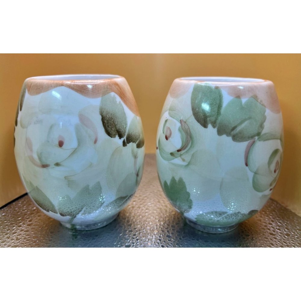 SKL/WW Ceramic Hand Painted Vases 5" Set of 2 Floral Signed Vintage Gift House